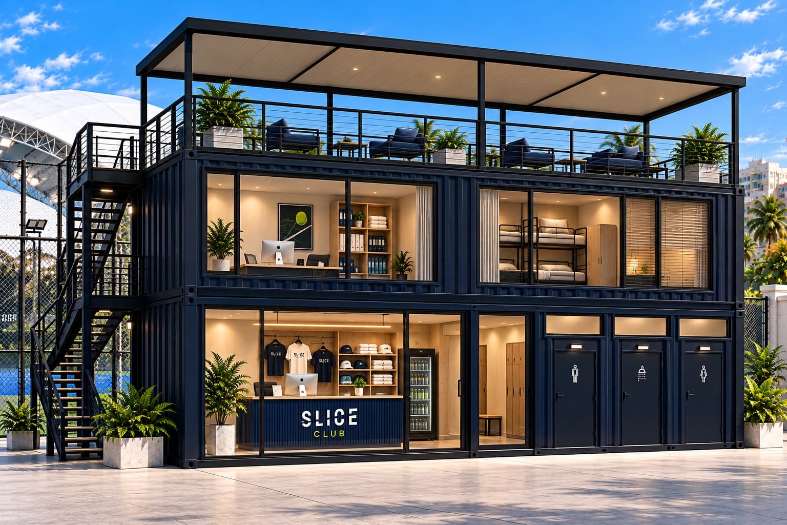 Concept rendering of the Slice Club container-style clubhouse with reception, changing facilities and a roofed viewing deck
