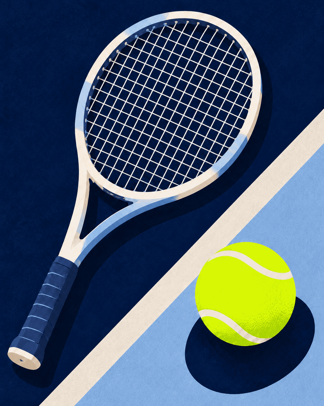 Large tennis racket with an evenly spaced string grid and electric-lime tennis ball illustration for Slice Club membership